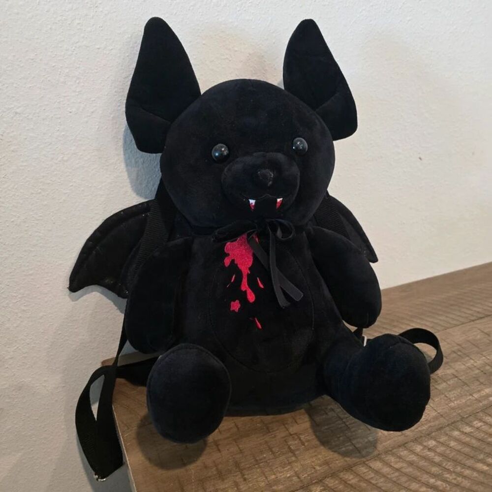 Black Vampire Bat Plush Backpack Gothic Halloween Red Embroidered